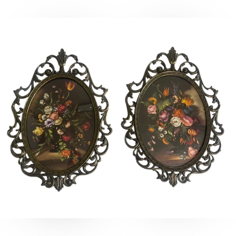 Vintage Italian Ornate Brass Frames Convex Bubble Glass Floral Prints Pair